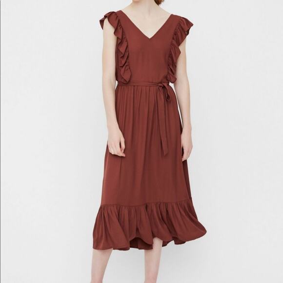 Vero Moda Odette Brown Ruffle Calf Dress NWT Sz M Women’s Polyester Tie Back - Picture 6 of 15